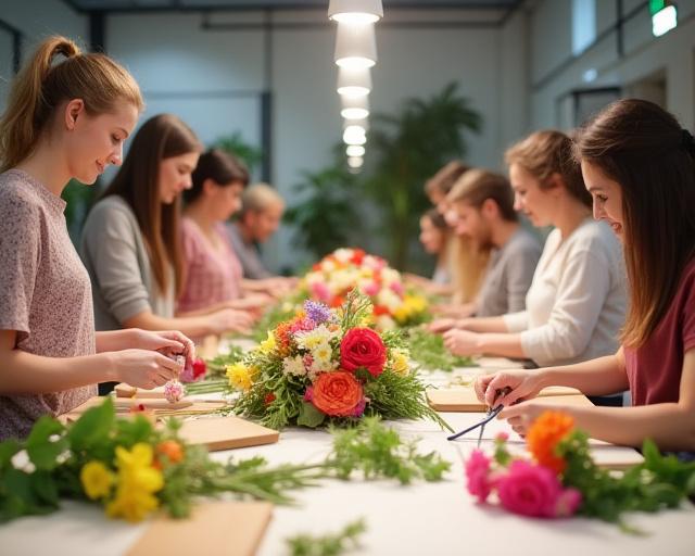 Persone che partecipano a un laboratorio di composizione floreale